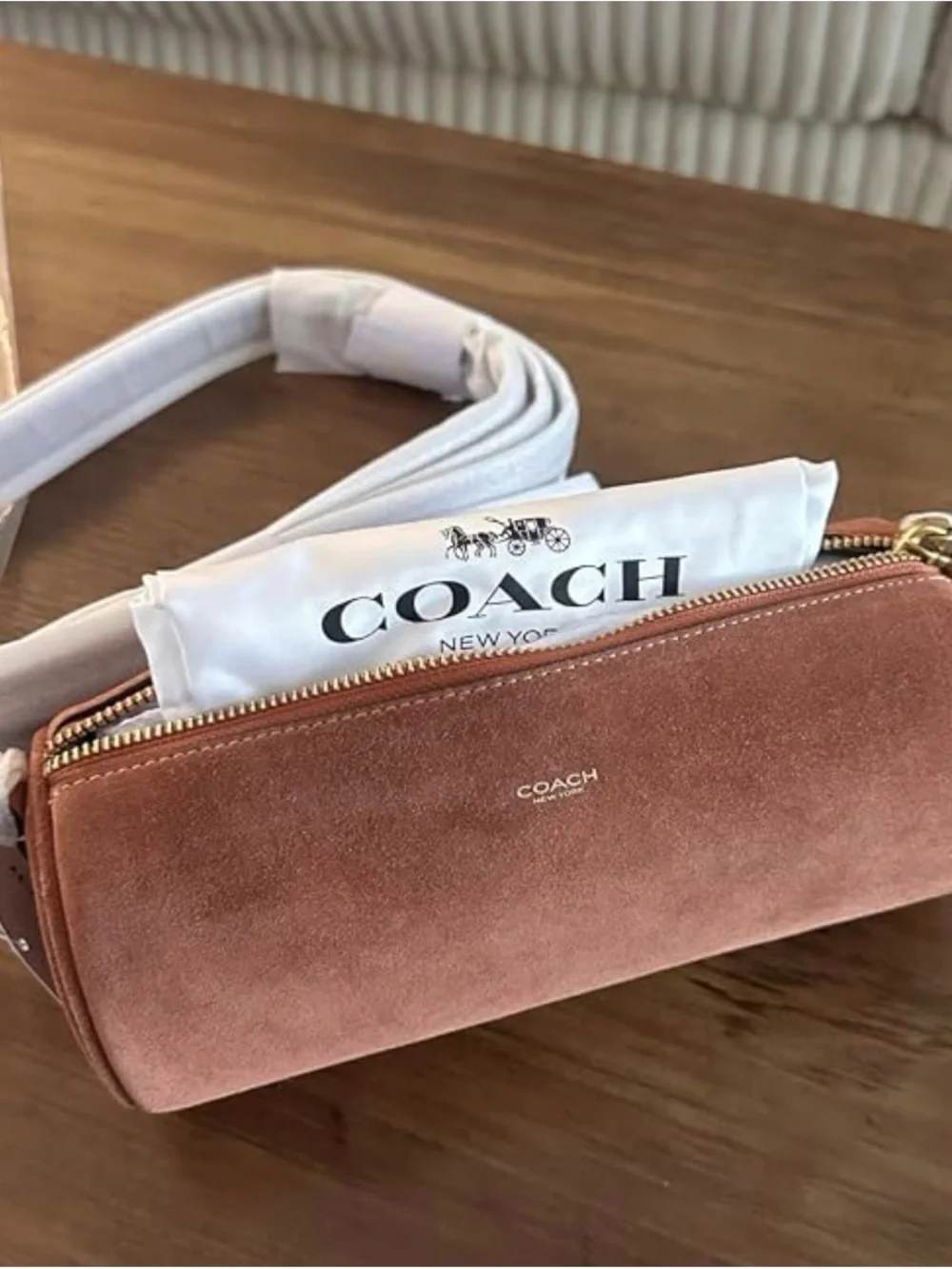 Coach Suede Barrel Shoulder Bag in Rust Brown with Gold Hardware